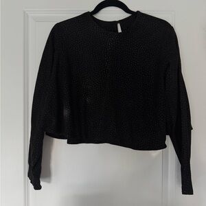 Vakko Black Long Sleeve Suede Crop Top with Subtle Sparkle